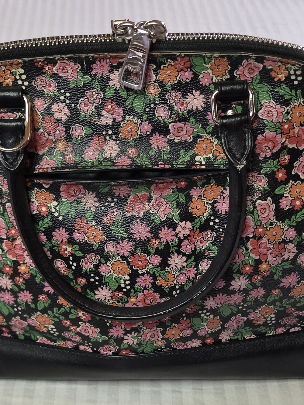 Coach Black Floral Dome Satchel with Pink & Green Bouquet - Picture 7 of 8